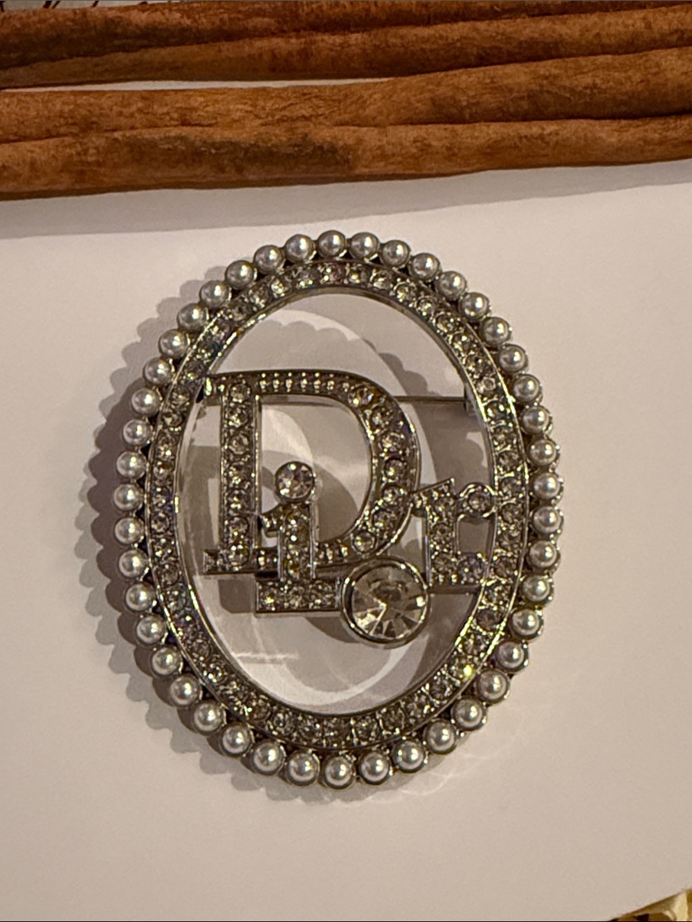 Silver-Tone Crystal & Pearl Oval Logo Brooch